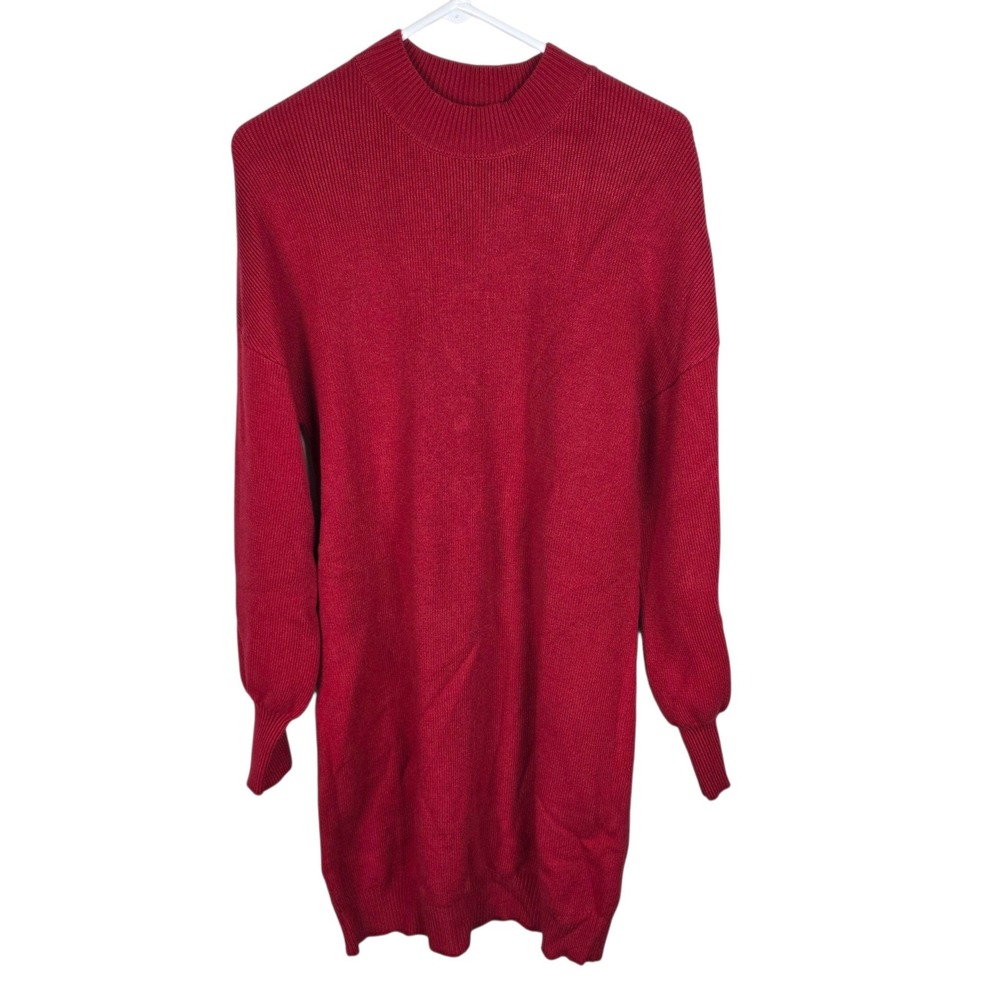 Zesica Sweater Dress Womens Medium Red Excellent Mock Neck Lantern Sleeve Ribbed